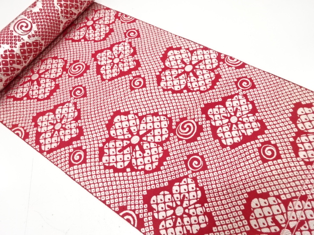 JAPANESE KIMONO / ANTIQUE BOLT FOR HASSUN OBI / WOVEN FLOWERS & SPIRAL & HITTA